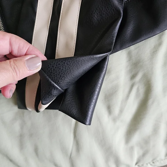 New Democracy Biker Jacket Size M Faux Leather Black Beige Zip Front Moto NWT - Picture 8 of 16